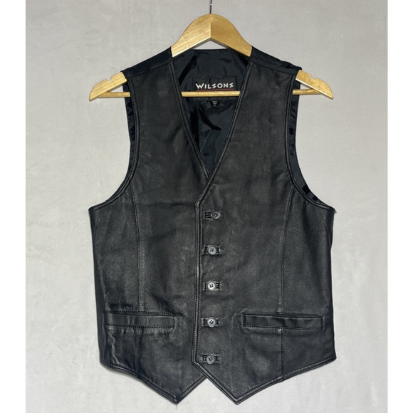 Wilsons Leather Mens Leather Vest Sz Small Black V Neck Biker Button Up Pockets - Picture 1 of 11
